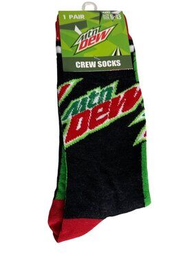 Mountain Dew Crew Socks Black Red Green Graphic Novelty Men’s 6-13 New